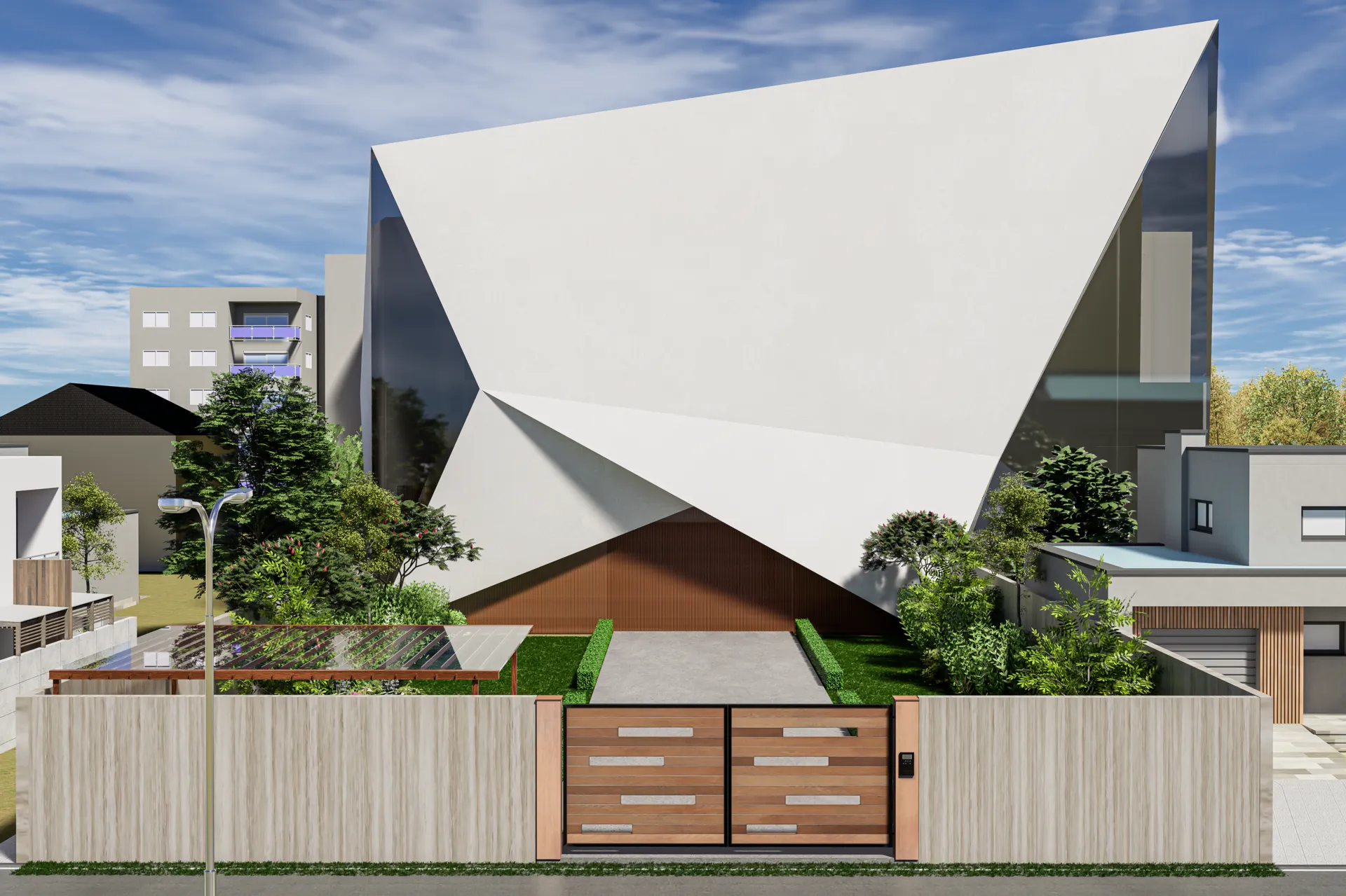 A breathtaking, photorealistic architectural visualization of a modern luxury building at sunset